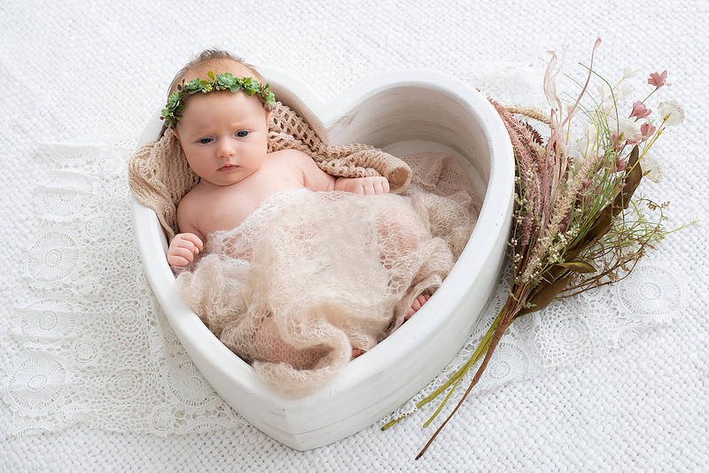 Newborn in a heart-shaped basket